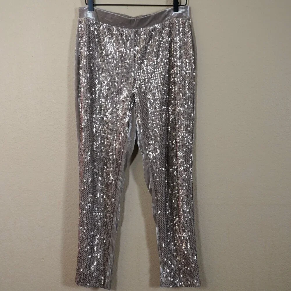 Chicos Womens Sequin Velvet ankle Pants M(8) Champagne Party Club Holiday - Picture 2 of 10